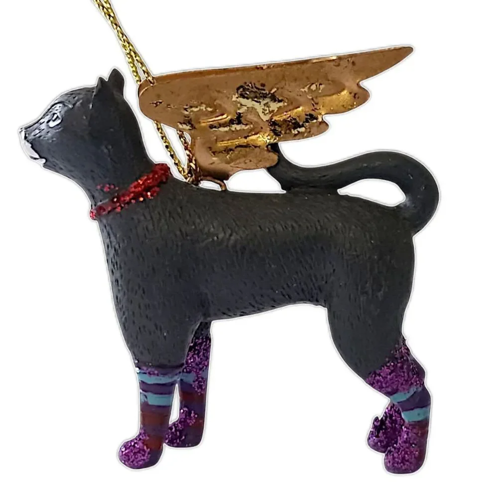Vtg Black Cat Angel Ornament Gold Wings Purple Glitter Legs Christmas‎ Halloween